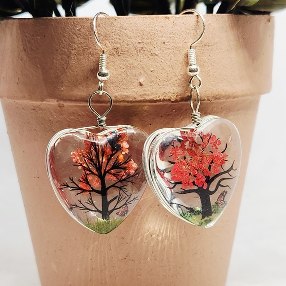 Handmade Jewelry - Handmade Heart-Shaped Tree with Red‎ Blossoms Dangle Earrings NEW Ladies Casual